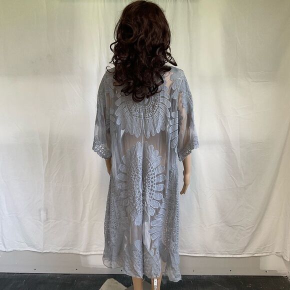 Rebellion Again Grey Open Front Wide  3/4 Sleeve Lace Duster Kimono L - Picture 6 of 10